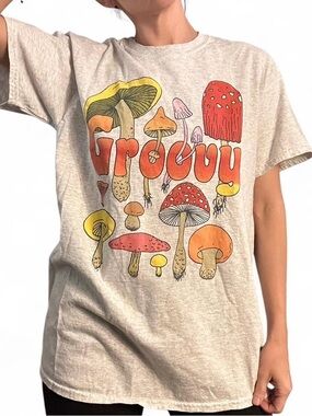 Gildan Beige Tee with Colorful Groovy Mushroom Print